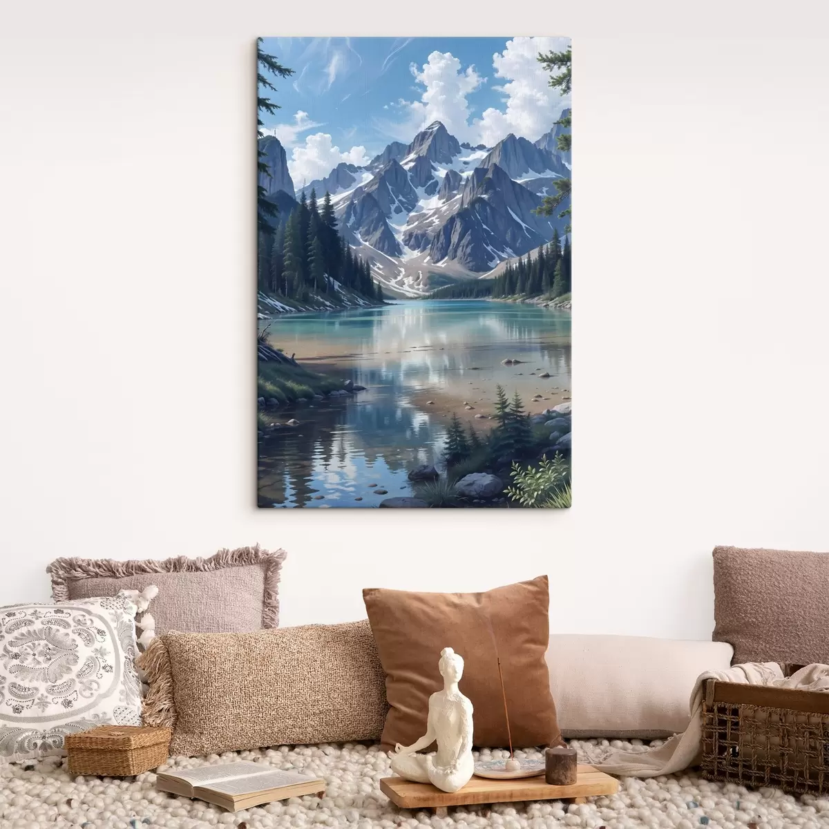 Tableau Un lac alpin serein entouré de majestueuses montagnes enneigées, d'une forêt dense et d'un ciel nuageux  s41264