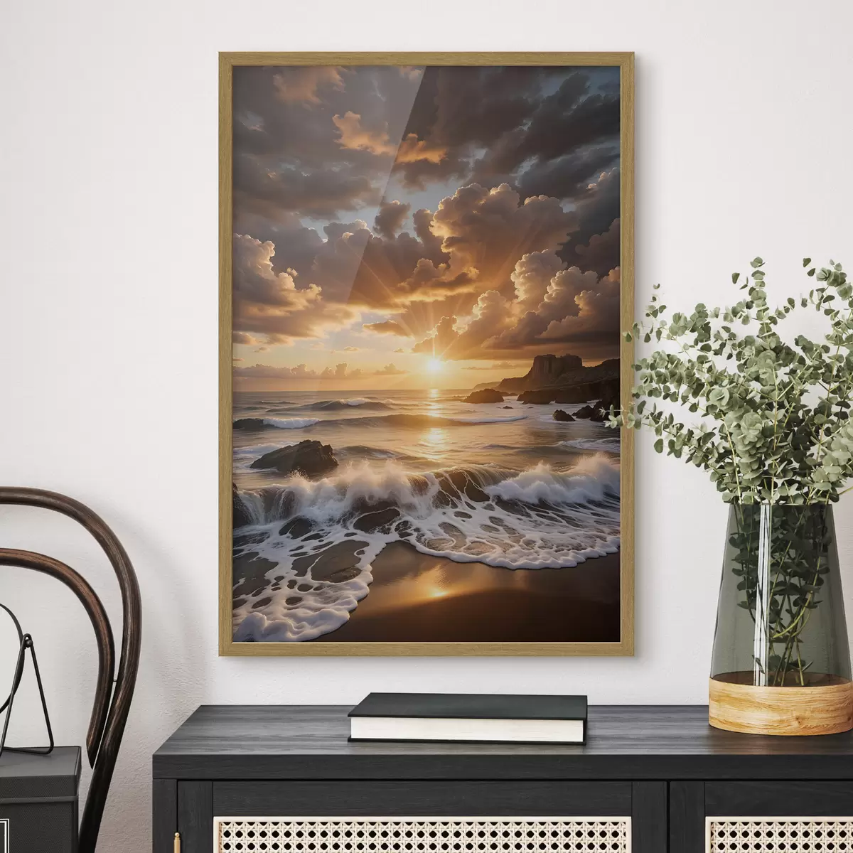 Poster Coucher de soleil spectaculaire sur une côte rocheuse, avec des vagues déferlantes et des nuages spectaculaires dans le ciel f41245