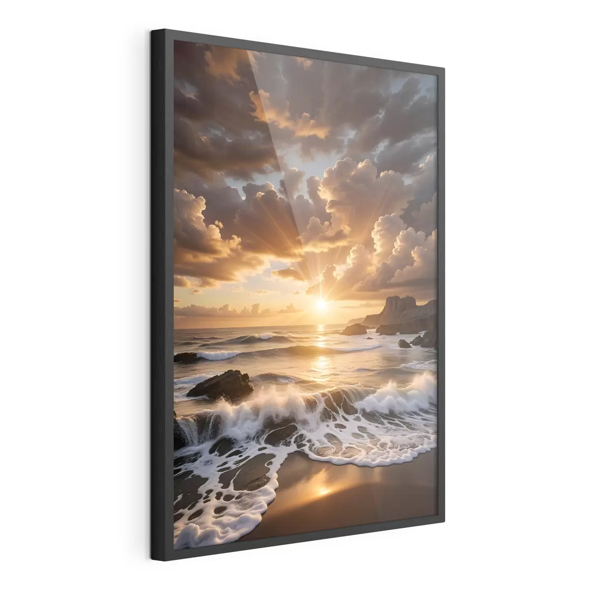 Poster Coucher de soleil spectaculaire sur une côte rocheuse, avec des vagues déferlantes et des nuages spectaculaires dans le ciel f41245