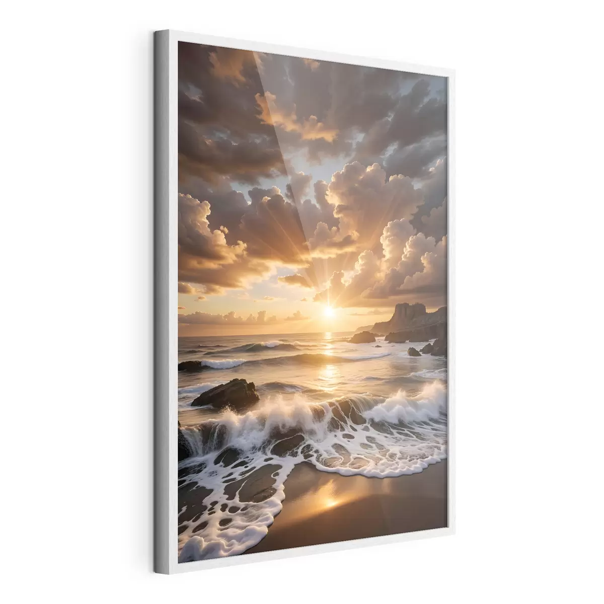 Poster Coucher de soleil spectaculaire sur une côte rocheuse, avec des vagues déferlantes et des nuages spectaculaires dans le ciel f41245