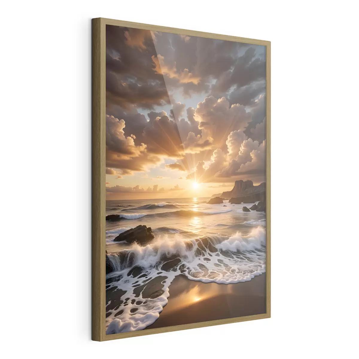 Poster Coucher de soleil spectaculaire sur une côte rocheuse, avec des vagues déferlantes et des nuages spectaculaires dans le ciel f41245