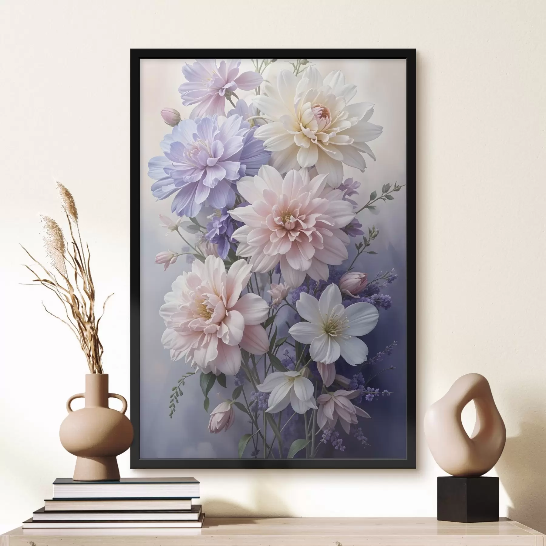 Papier peint Un bouquet de grandes fleurs de dahlia vibrantes dans des tons de rose, de lavande et de blanc sur un arrière-plan doux et flou f41247