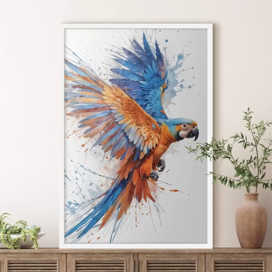 Papier peint Perroquet coloré aux plumes bleu, orange et jaune vibrantes en vol sur un fond éclaboussé f41250