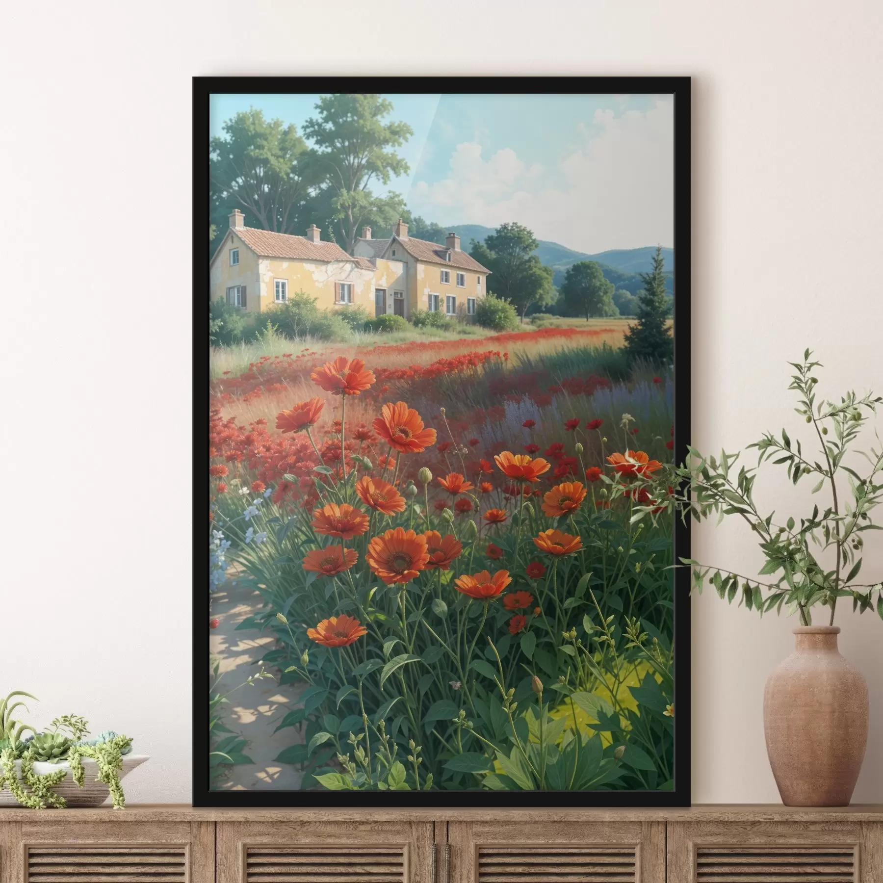 Papier peint Un champ de coquelicots d'un rouge éclatant au premier plan, avec une rangée de maisons pittoresques jaunes et blanches à l'arrière-plan f41260