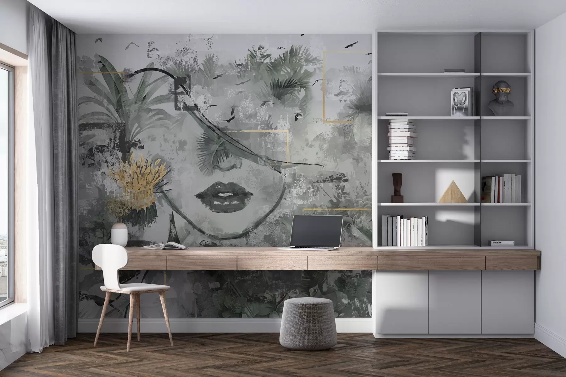 Papier peint Forêt tropicale grunge et silhouette d'une jeune fille w01916d1