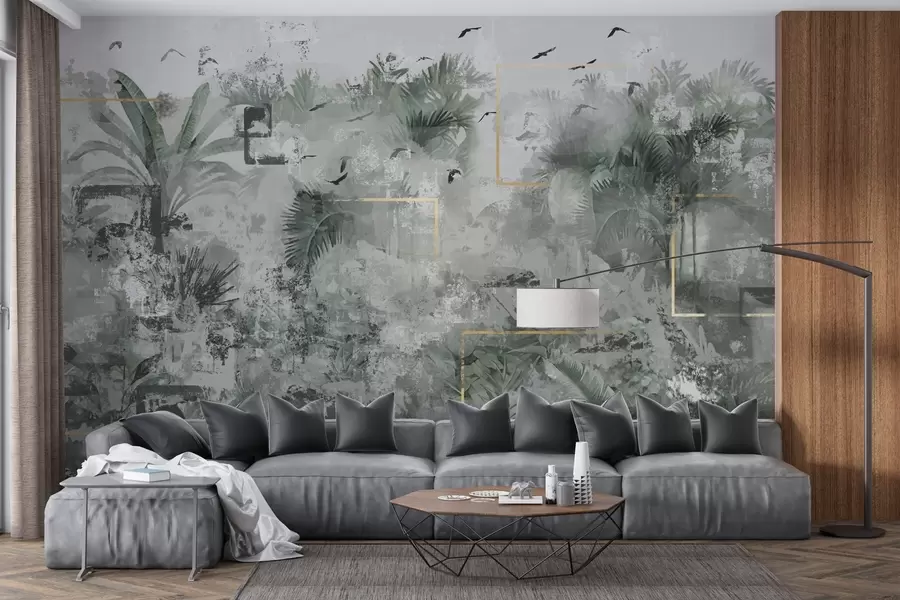 Papier peint Silhouette de forêt tropicale de style grunge w01917