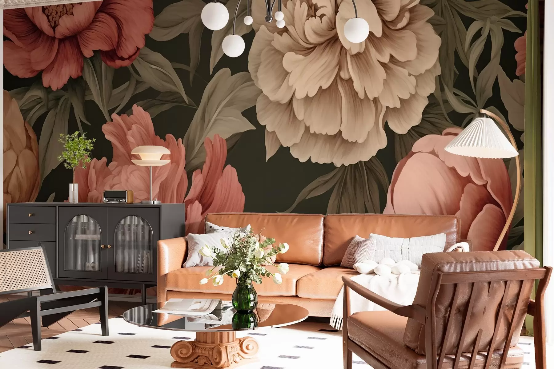 Papier peint Pivoines majestueuses sur fond sombre dans un style rétro w01978