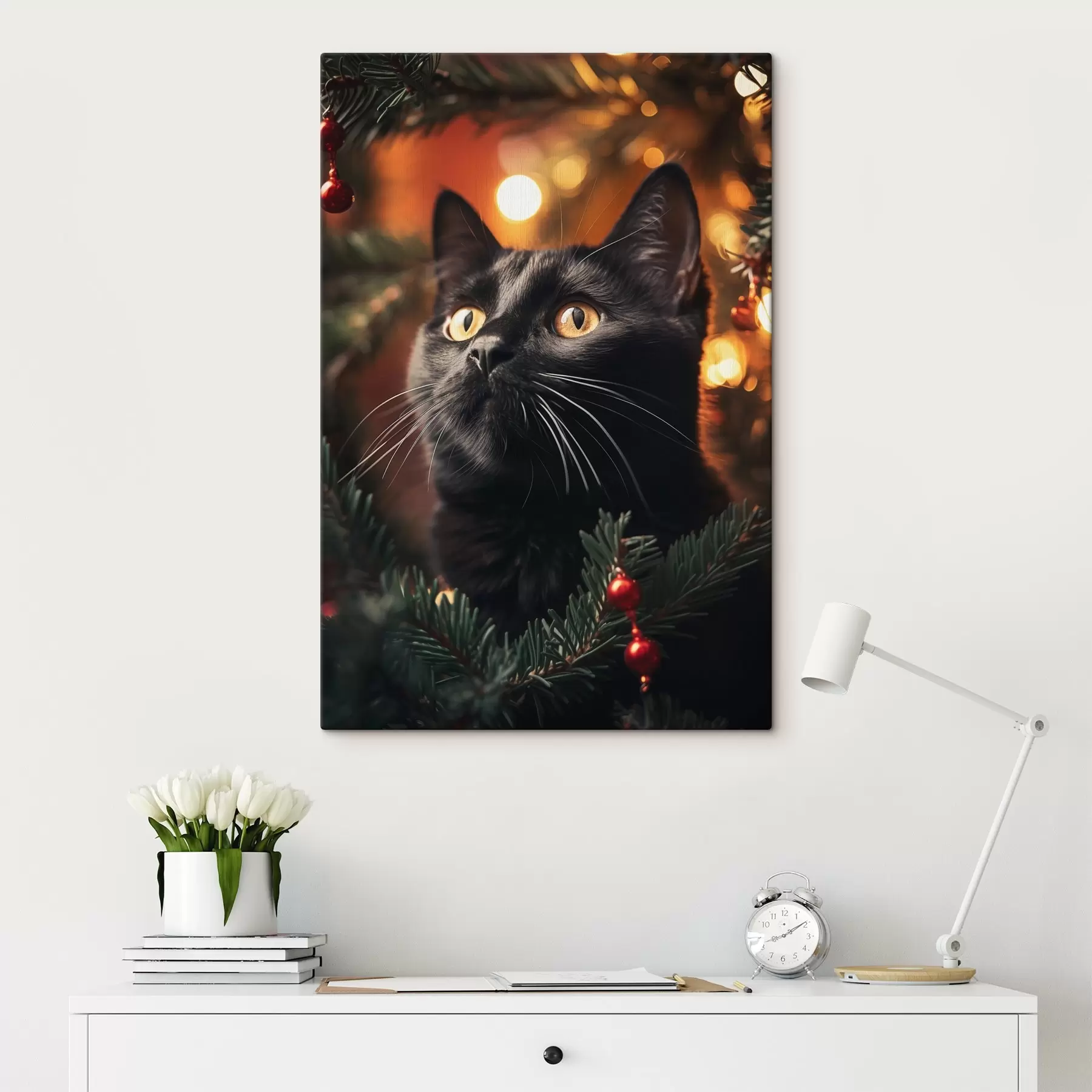 Papier peint Chat noir sur fond de lumières du Nouvel An s41441