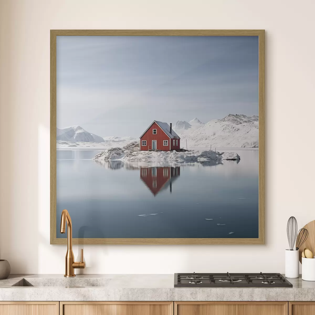 Poster Paysage hivernal minimaliste maison rouge au bord du lac f41437