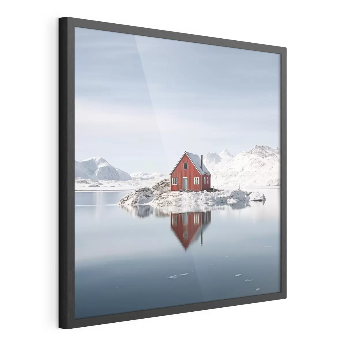 Poster Paysage hivernal minimaliste maison rouge au bord du lac f41437