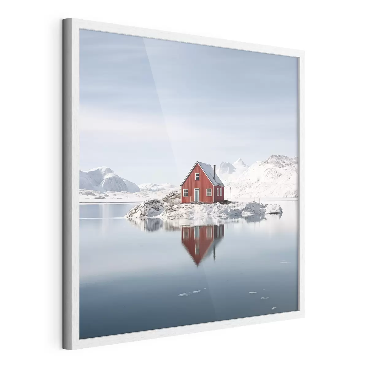 Poster Paysage hivernal minimaliste maison rouge au bord du lac f41437