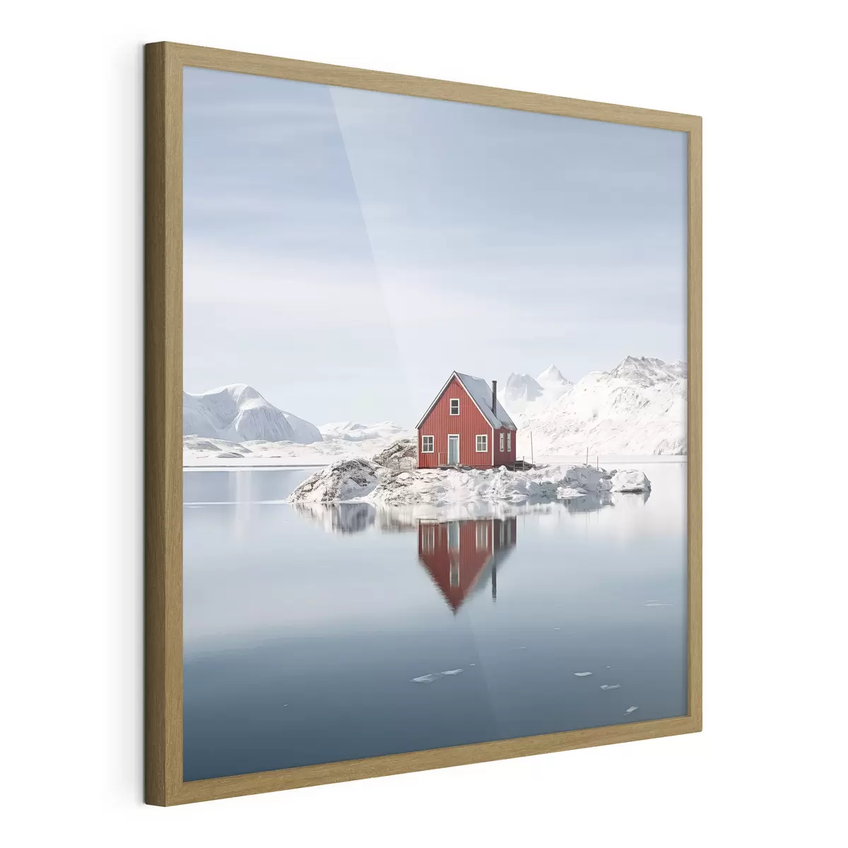 Poster Paysage hivernal minimaliste maison rouge au bord du lac f41437