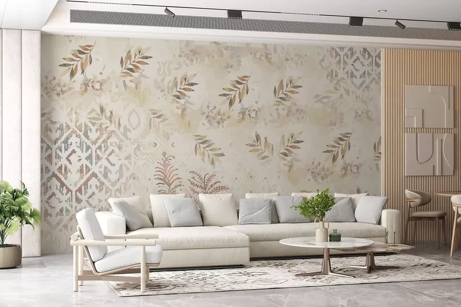 Papier peint papier peint de style rétro avec des motifs, des éléments d'abrasion, des taches et des feuilles, dans des couleurs beiges w01955