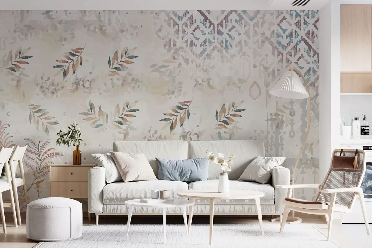 Papier peint papier peint de style rétro avec des motifs, des éléments d'abrasion, des taches et des feuilles, avec des tons beiges froids w01955v2