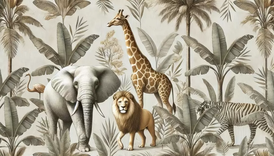 Papier peint Papier peint Safari pour enfants avec des paysages tropicaux et divers animaux dans des couleurs élégantes w01956