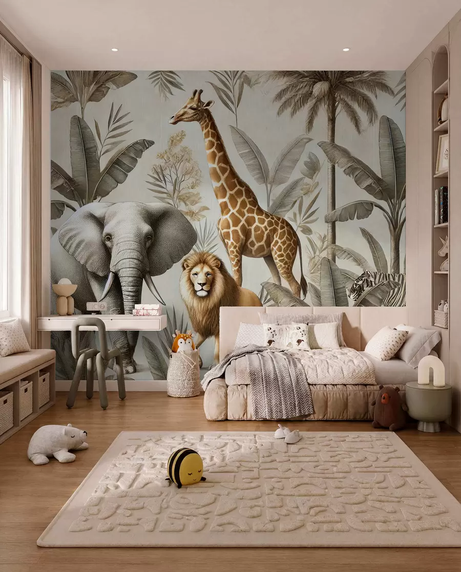 Papier peint Papier peint Safari pour enfants avec des paysages tropicaux et divers animaux dans des couleurs élégantes w01956
