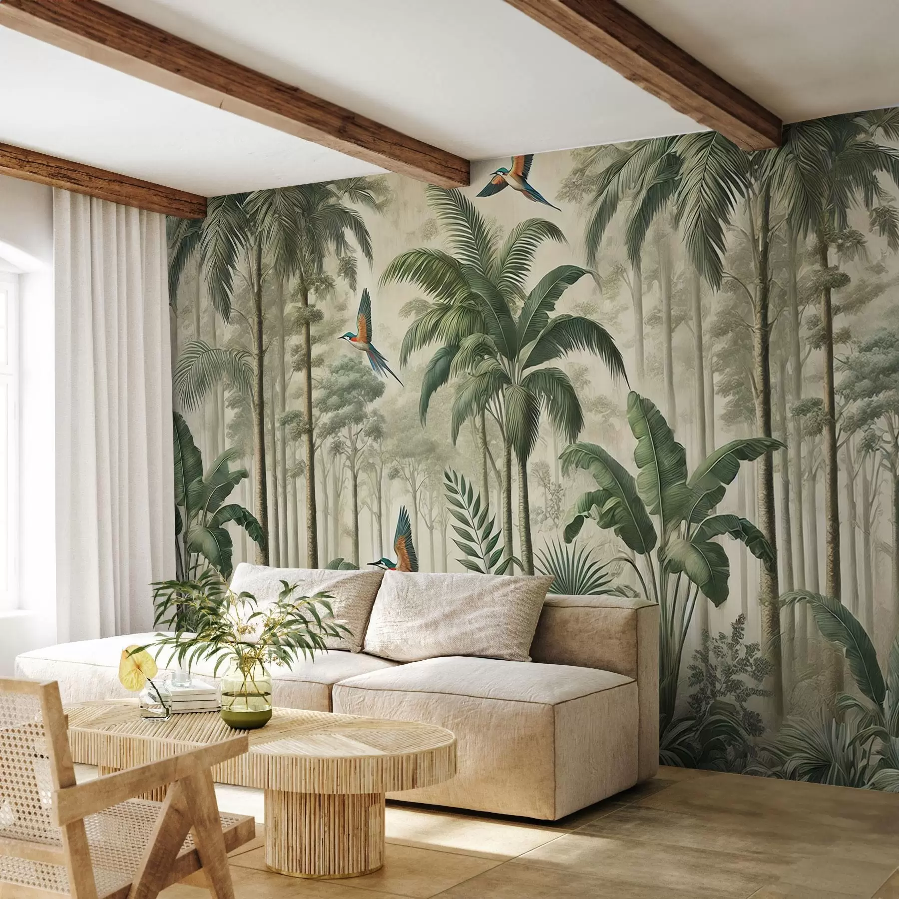 Papier peint Panorama avec paysage tropical et oiseaux w01957