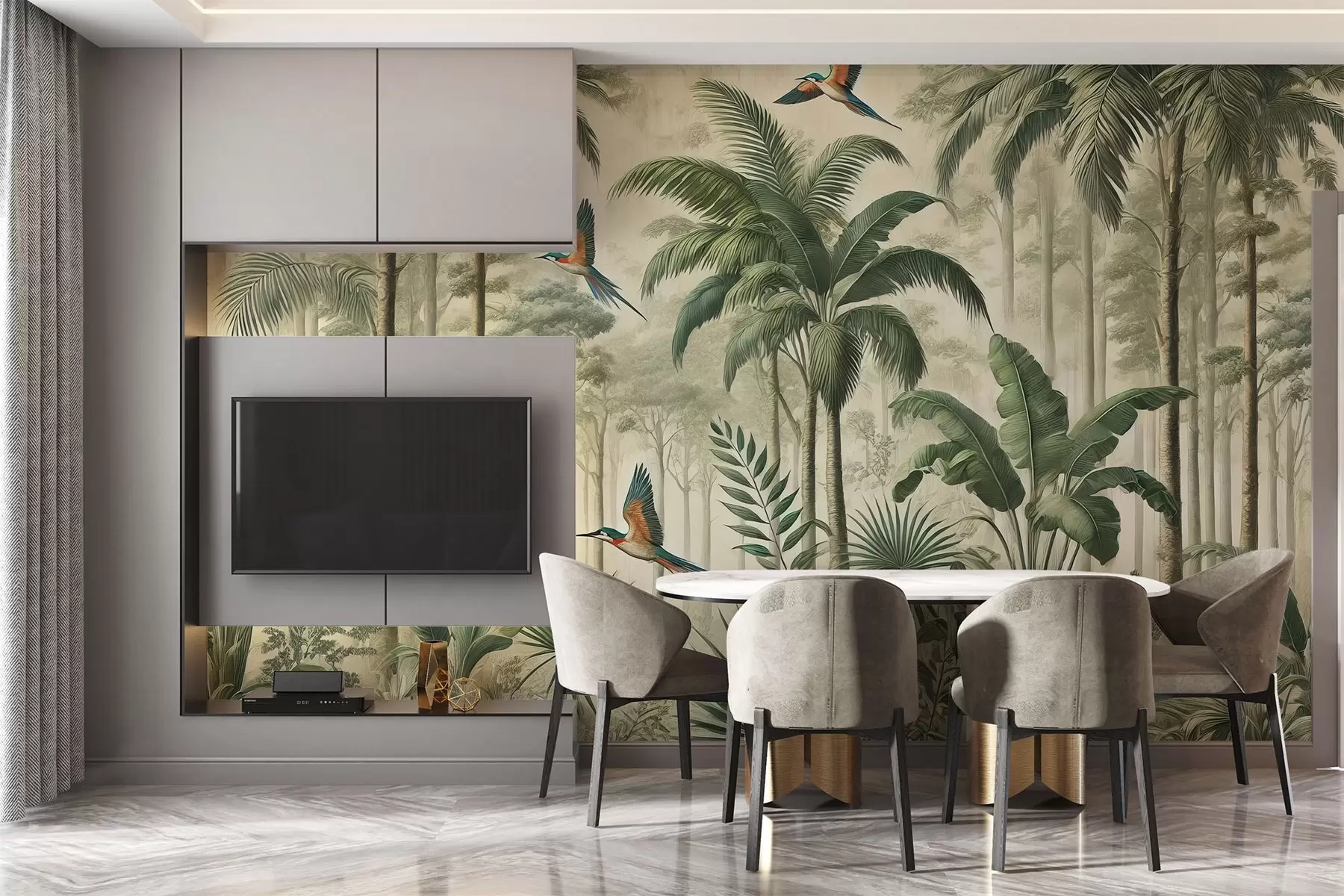 Papier peint Panorama avec paysage tropical et oiseaux w01957