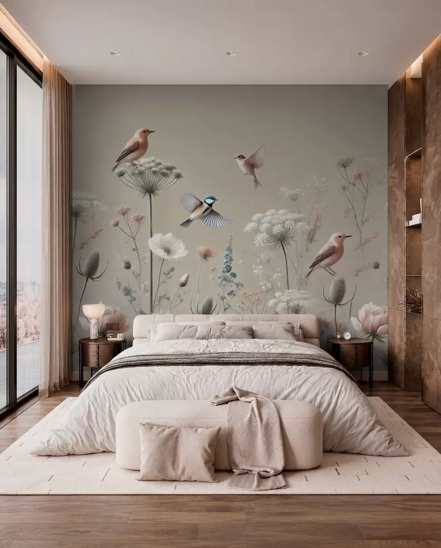 Papier peint Fleurs sauvages délicates avec oiseaux sur fond beige w01958