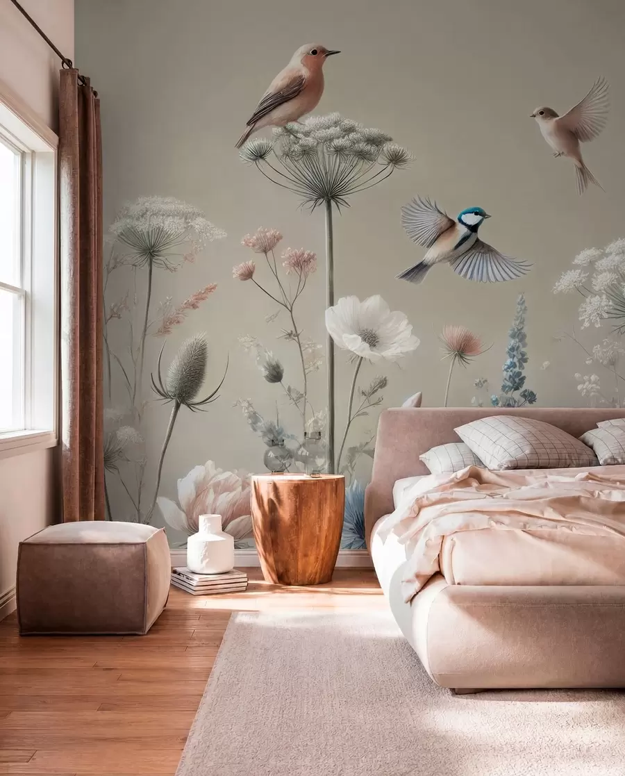 Papier peint Oiseaux des prés en beige doux w01958