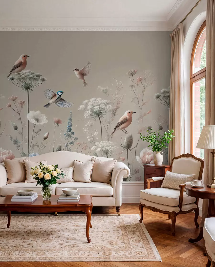 Papier peint Fleurs sauvages délicates avec oiseaux sur fond beige w01958