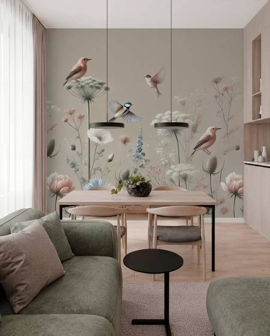 Papier peint Fleurs sauvages délicates avec oiseaux sur fond beige w01958
