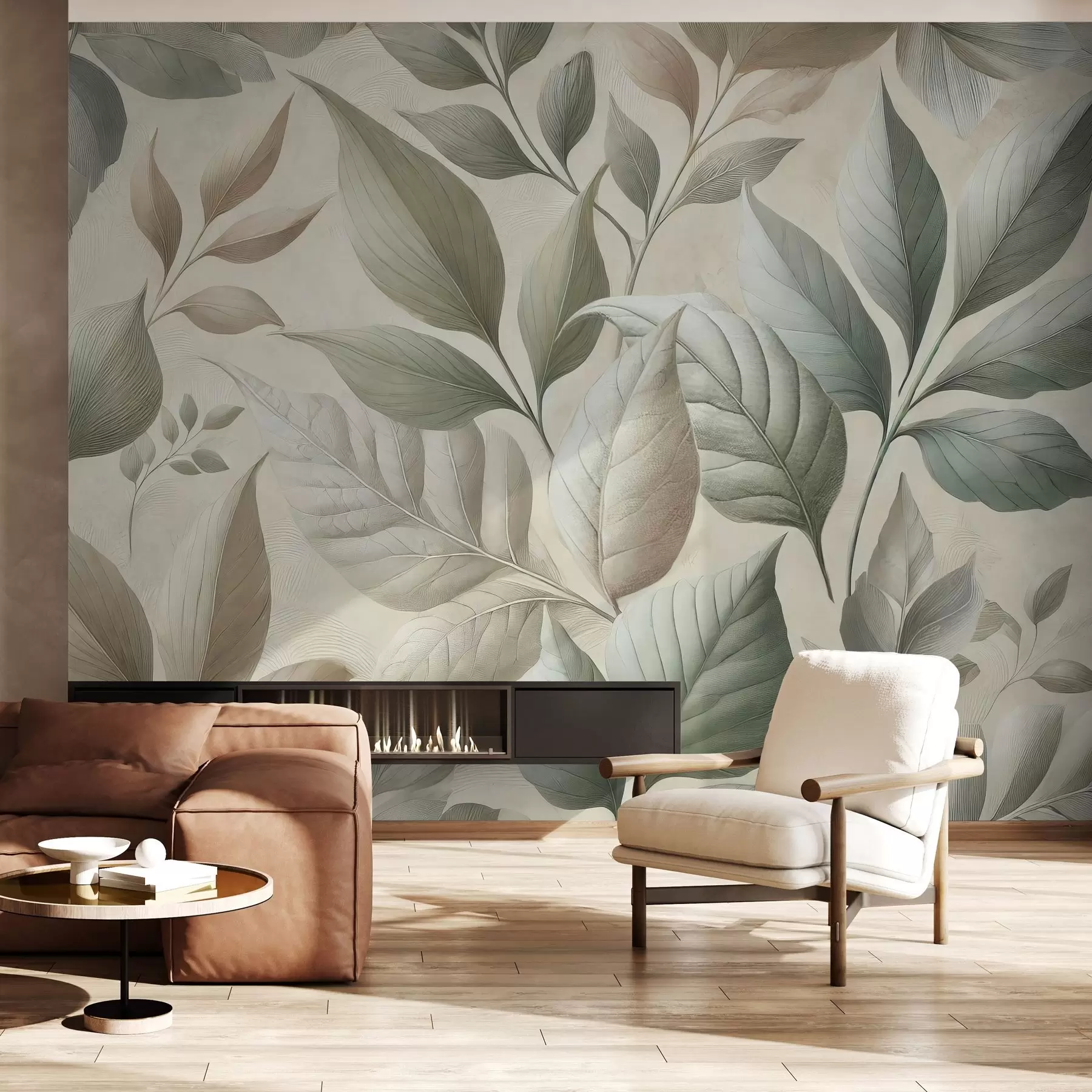 Papier peint Motif exquis de grandes feuilles dans d'élégantes teintes crème et beige w01959