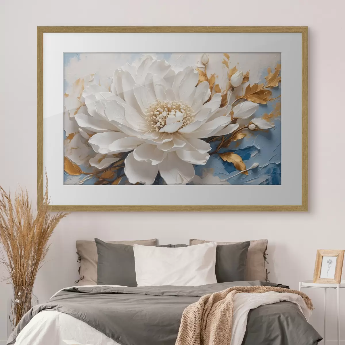 Poster Fleur blanche sur fond bleu-blanc f41311
