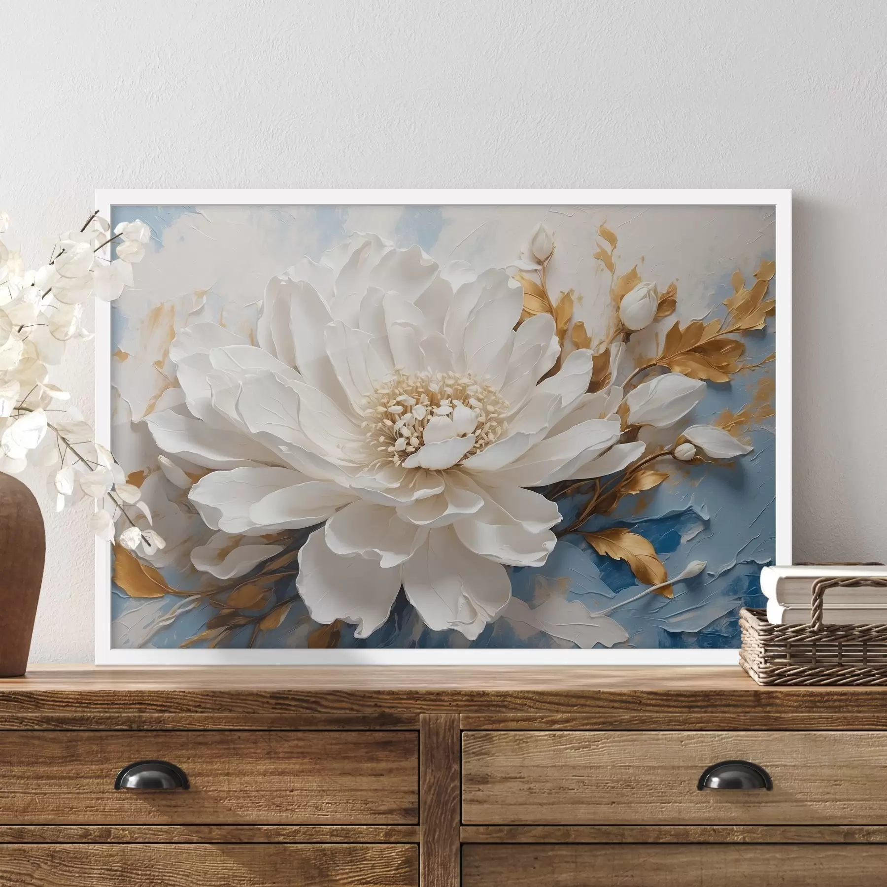 Papier peint Fleur blanche sur fond bleu-blanc f41311