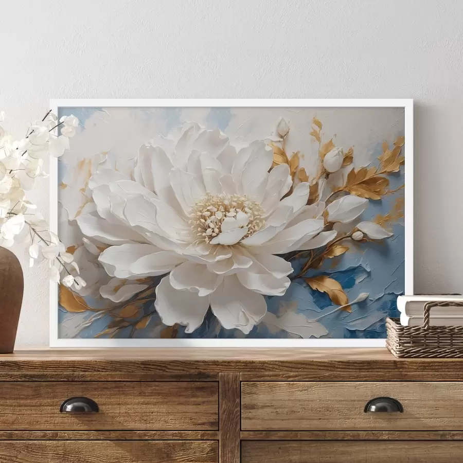 Papier peint Fleur blanche sur fond bleu-blanc f41311
