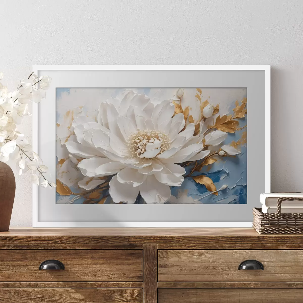 Poster Fleur blanche sur fond bleu-blanc f41311
