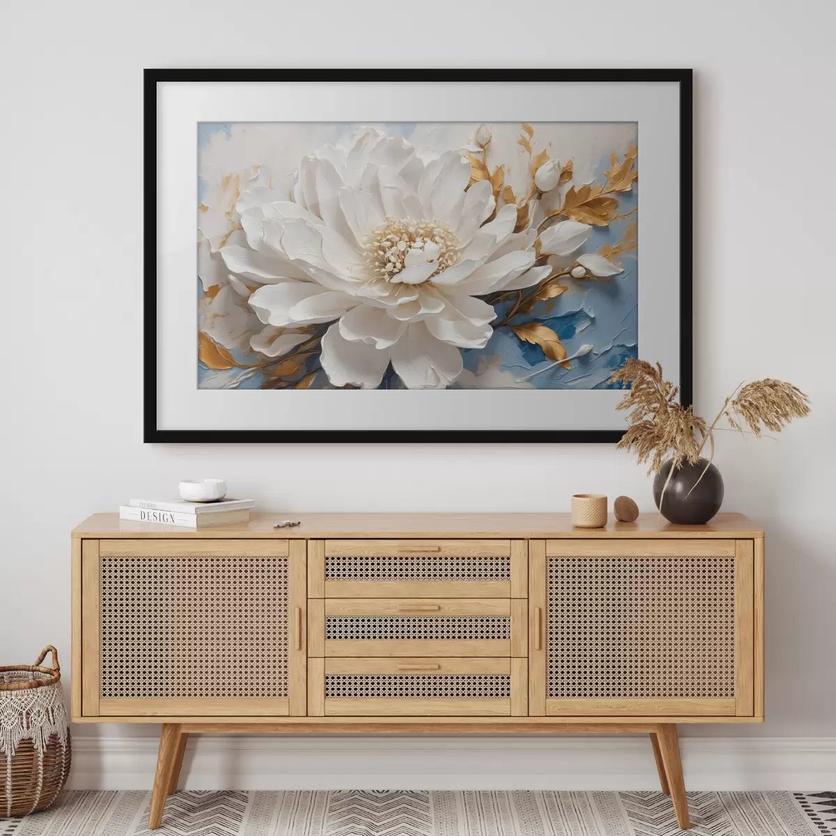 Poster Fleur blanche sur fond bleu-blanc f41311