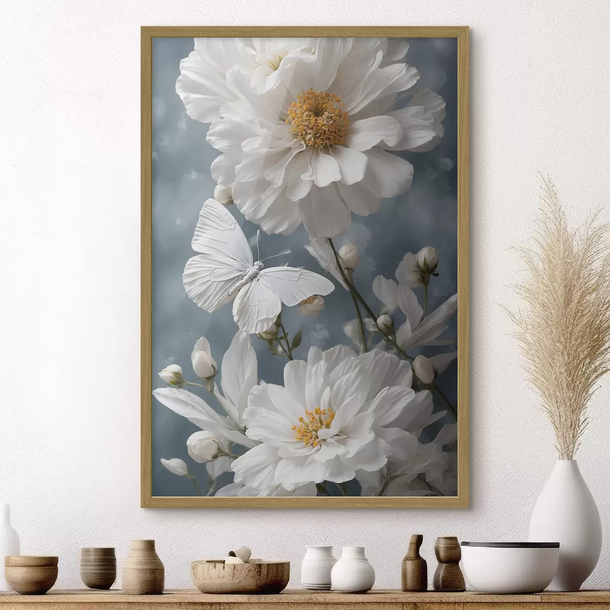Poster Fleurs blanches et papillon sur fond flou f41312