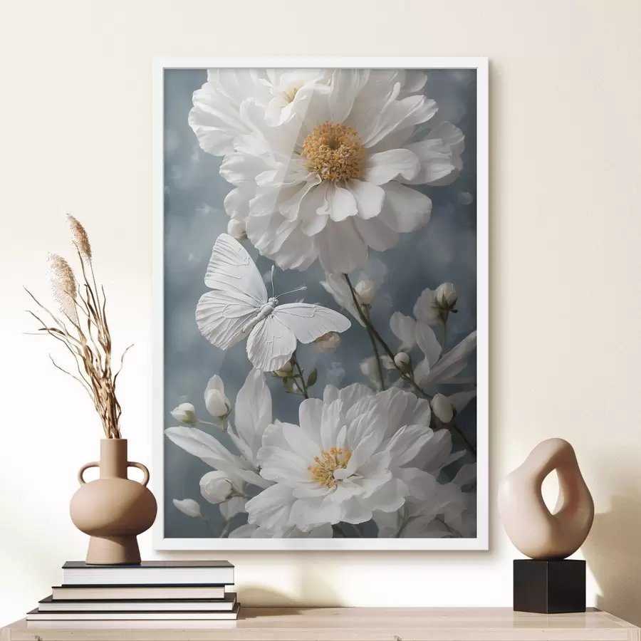 Papier peint Fleurs blanches et papillon sur fond flou f41312