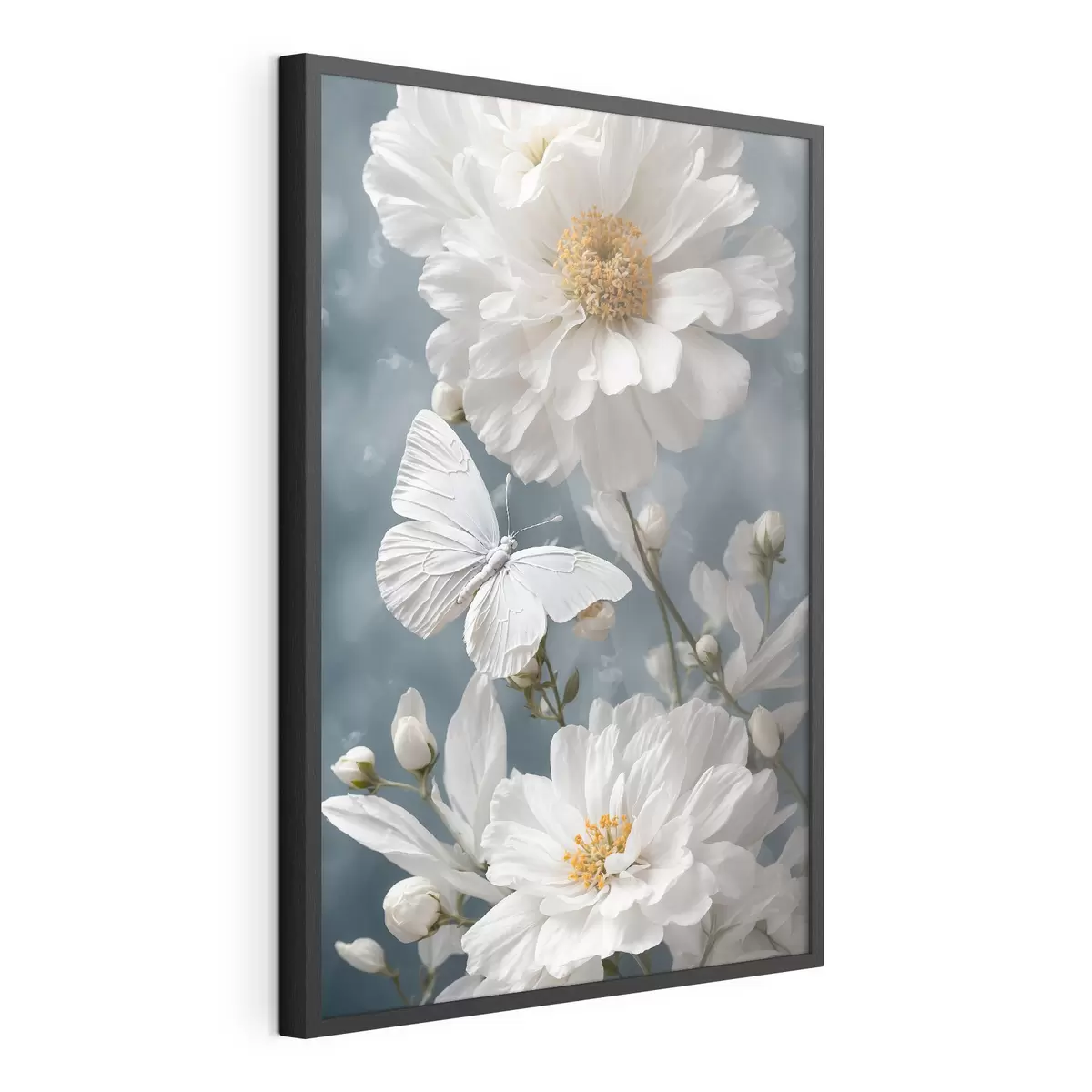 Poster Fleurs blanches et papillon sur fond flou f41312