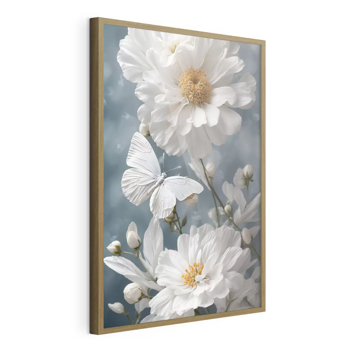 Poster Fleurs blanches et papillon sur fond flou f41312