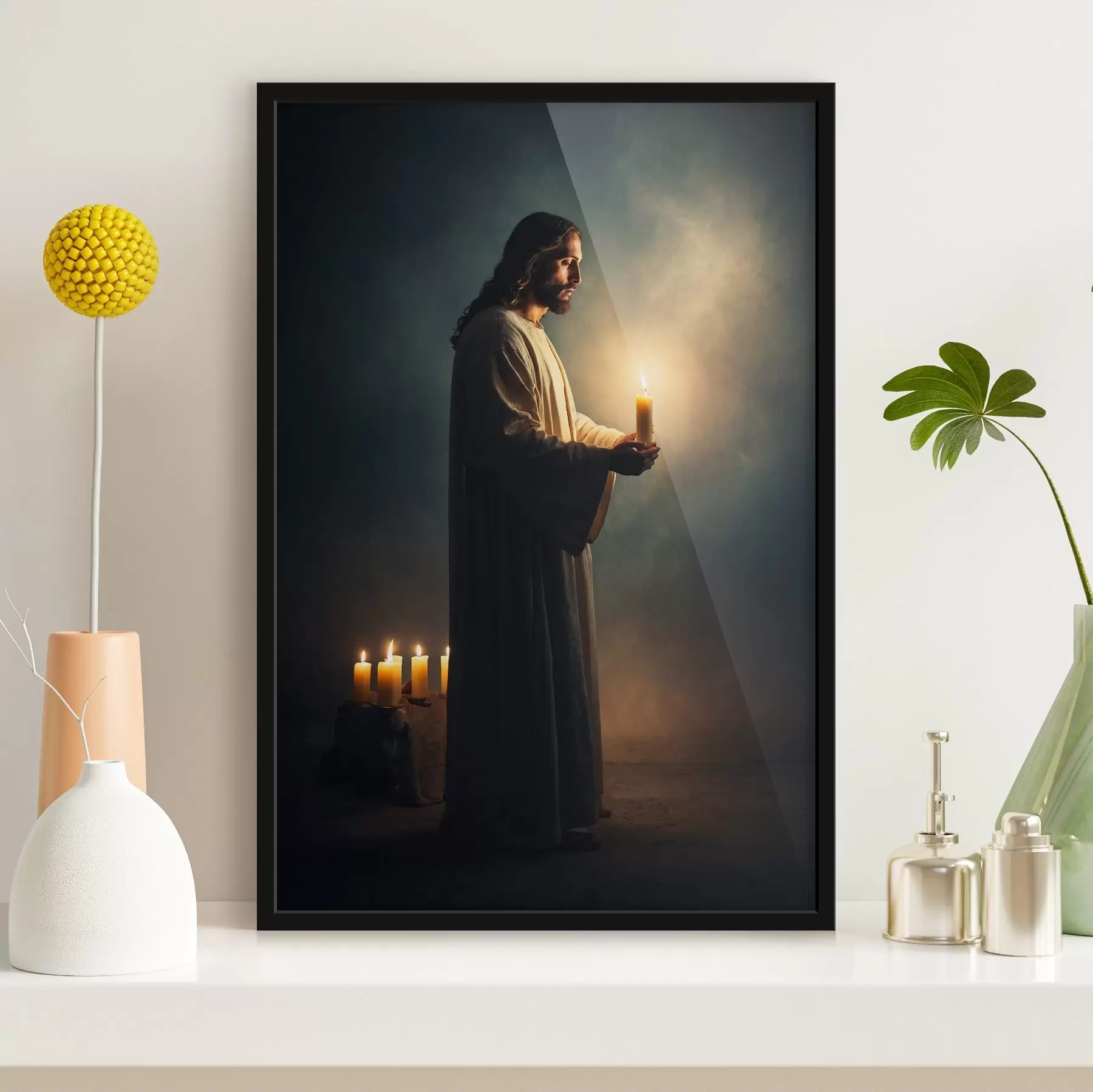 Papier peint Jésus-Christ avec une bougie dans l'obscurité f41315