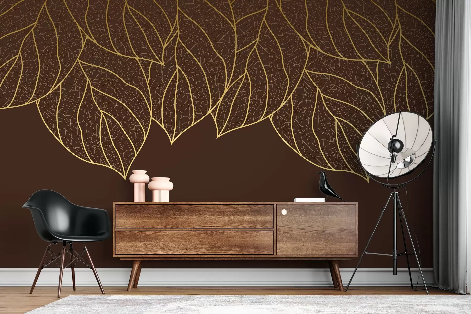 Papier peint Papier peint minimaliste : silhouettes de grandes feuilles jaunes avec nervures sur fond chocolaté  w01960v2