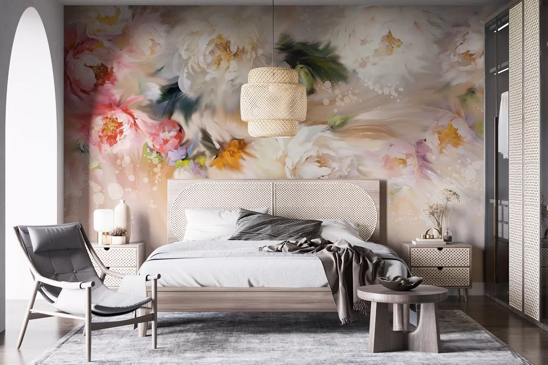 Papier peint Acrylique pivoines, coups de pinceau, floral, couleurs douces pastel beige w02021v2