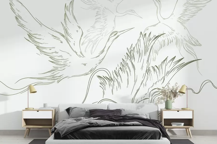 Papier peint Oiseaux en vol, minimalisme, dessin au trait, nature, couleur verte w02061v2