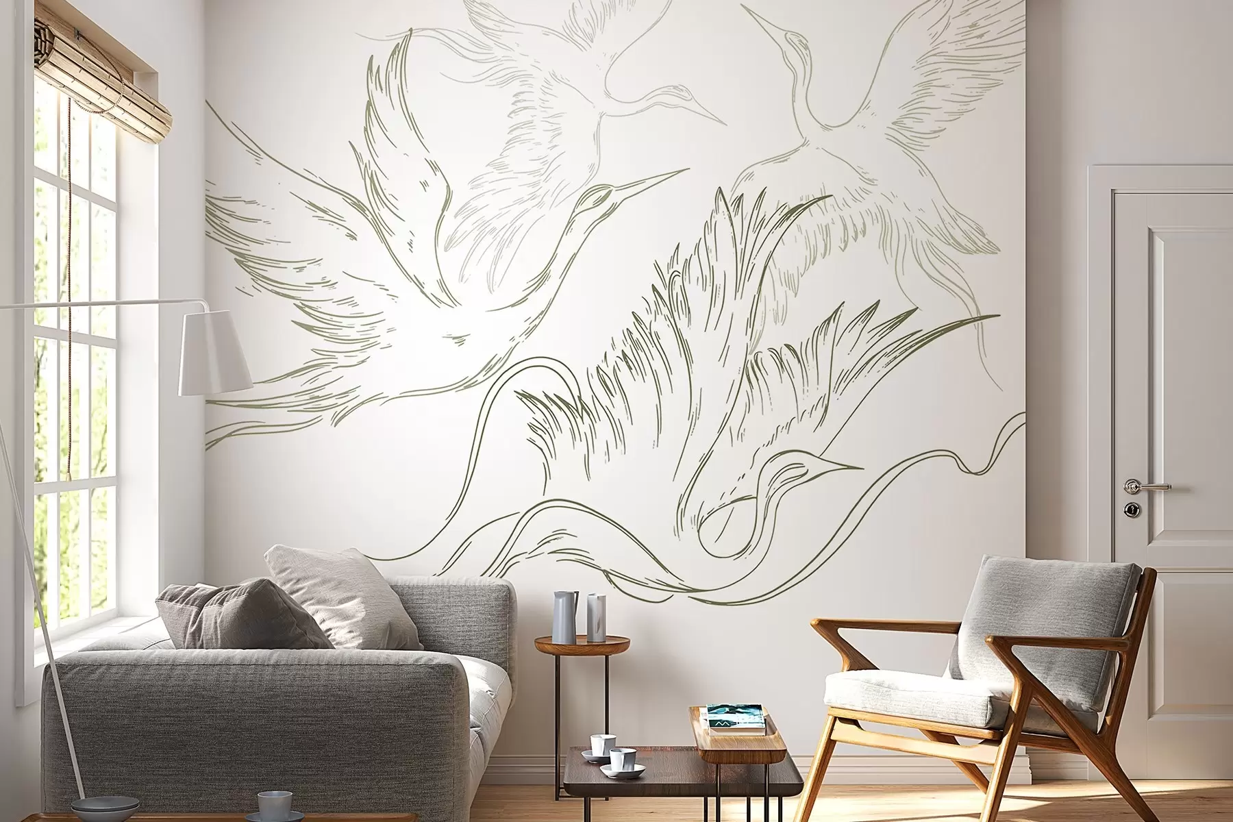 Papier peint Oiseaux en vol, minimalisme, dessin au trait, nature, couleur verte w02061v2
