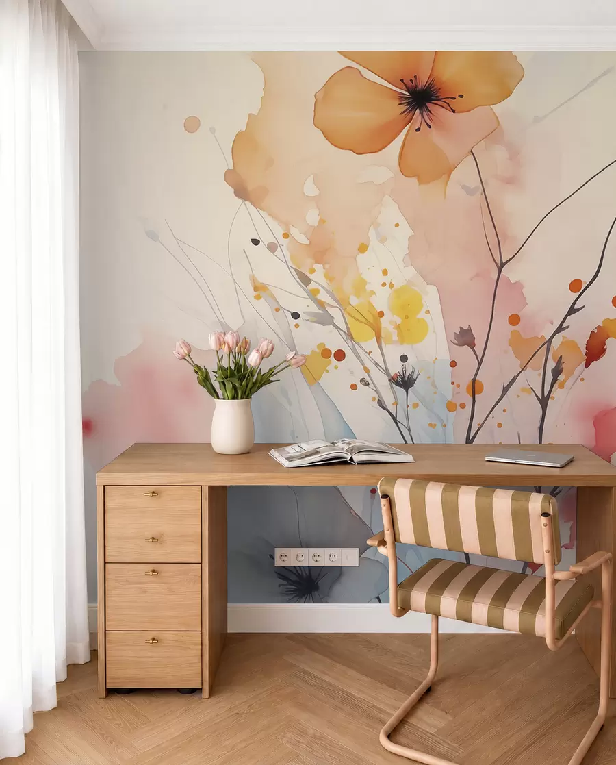 Papier peint Fleurs et branches abstraites lumineuses avec des éclaboussures de peinture aquarelle mouillée w02049