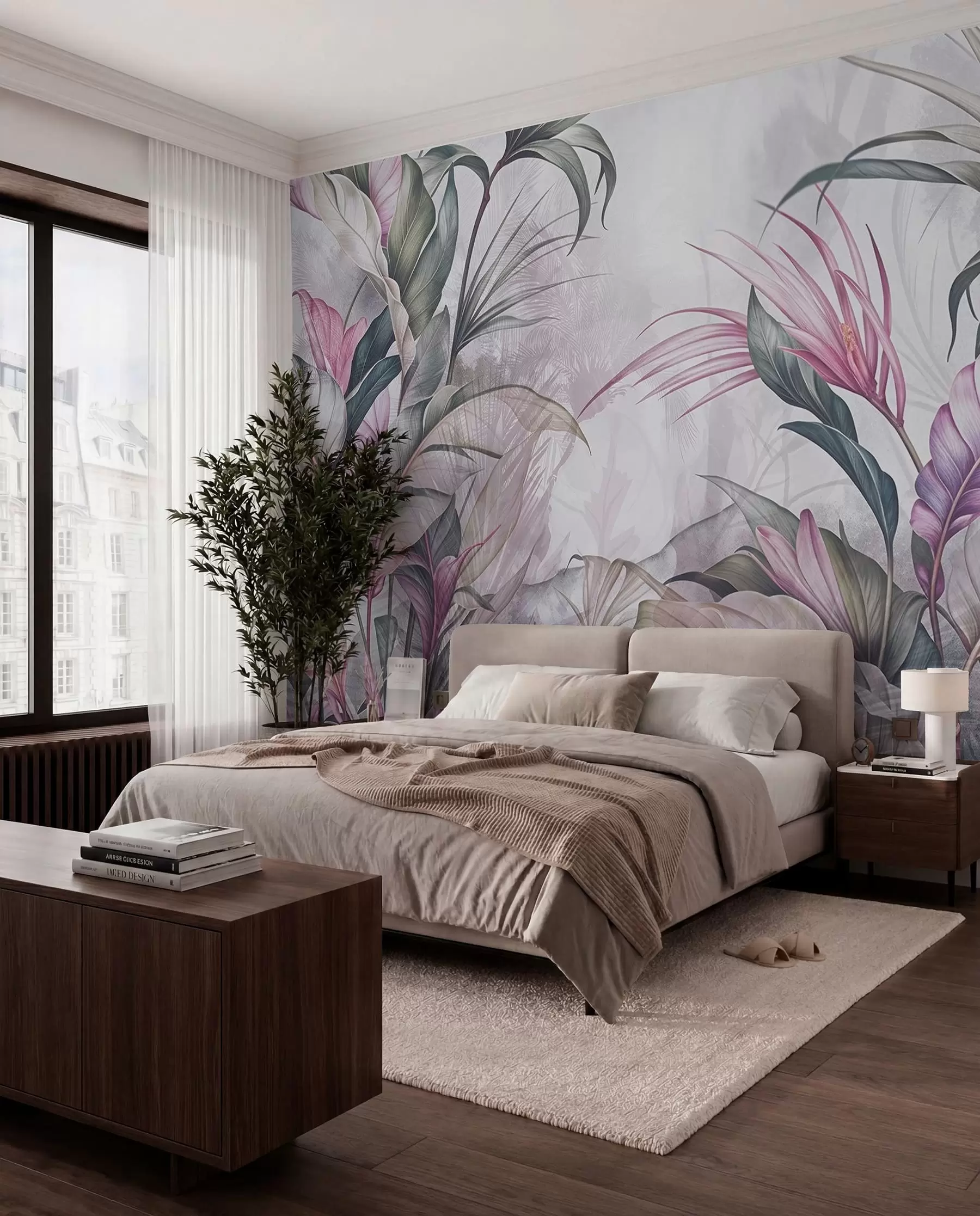 Papier peint Jungle tropicale avec de grandes feuilles vertes et des fleurs de protea roses sur fond texturé flou w08375v1