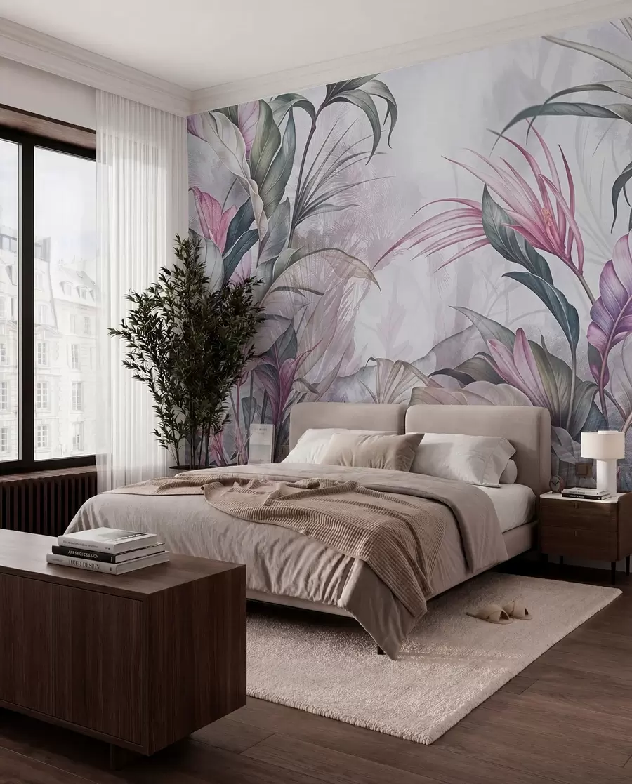 Papier peint Jungle tropicale avec de grandes feuilles vertes et des fleurs de protea roses sur fond texturé flou w08375v1
