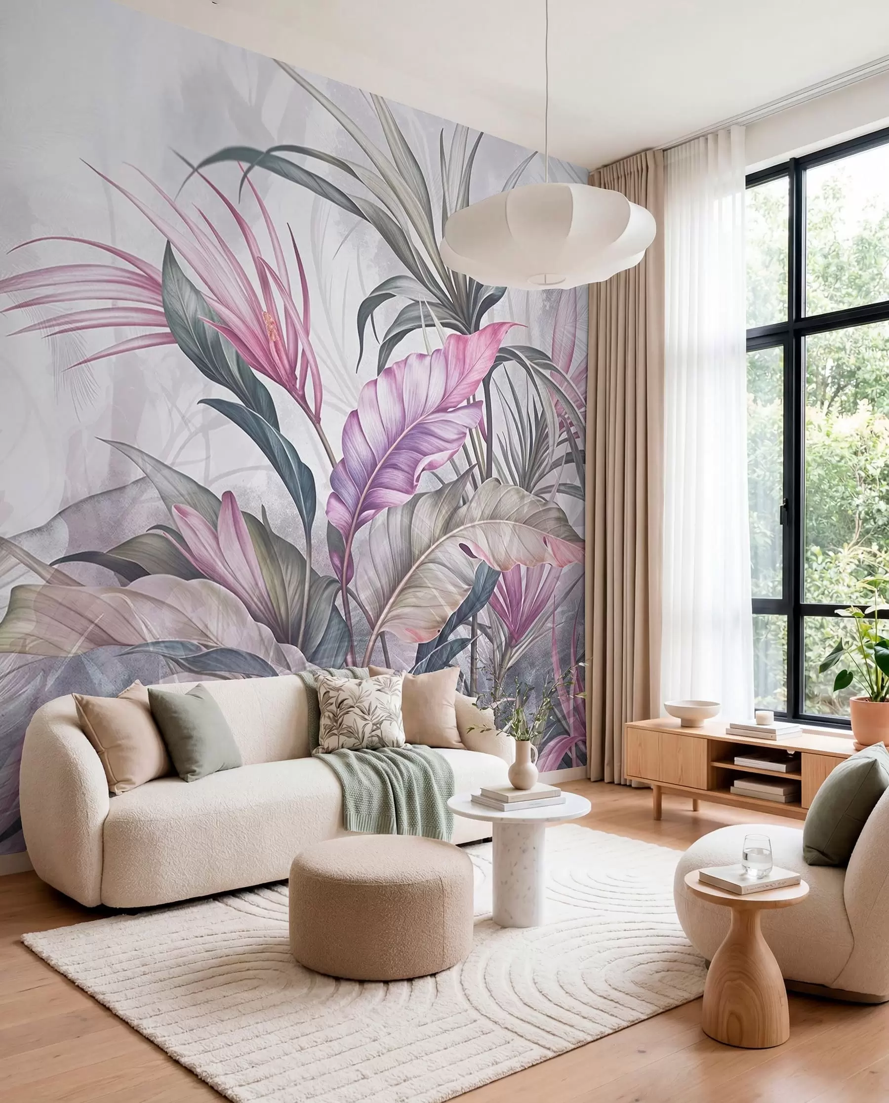 Papier peint Jungle tropicale avec de grandes feuilles vertes et des fleurs de protea roses sur fond texturé flou w08375v1