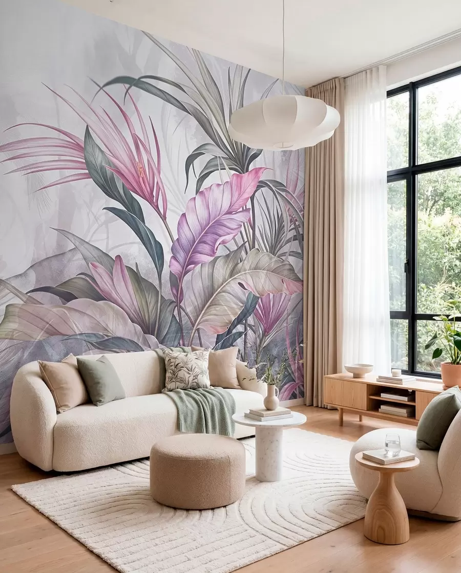 Papier peint Jungle tropicale avec de grandes feuilles vertes et des fleurs de protea roses sur fond texturé flou w08375v1