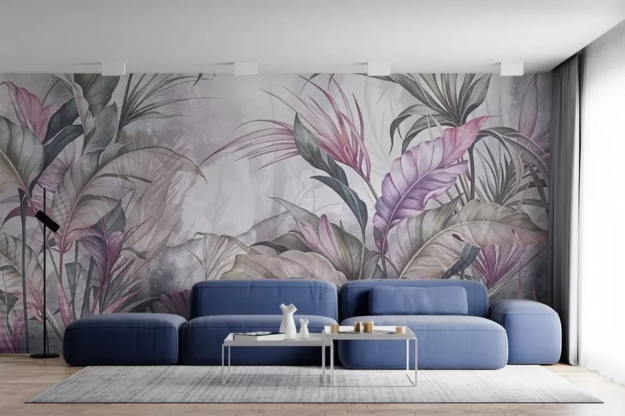 Papier peint Jungle tropicale avec de grandes feuilles vertes et des fleurs de protea roses sur fond texturé flou w08375v1