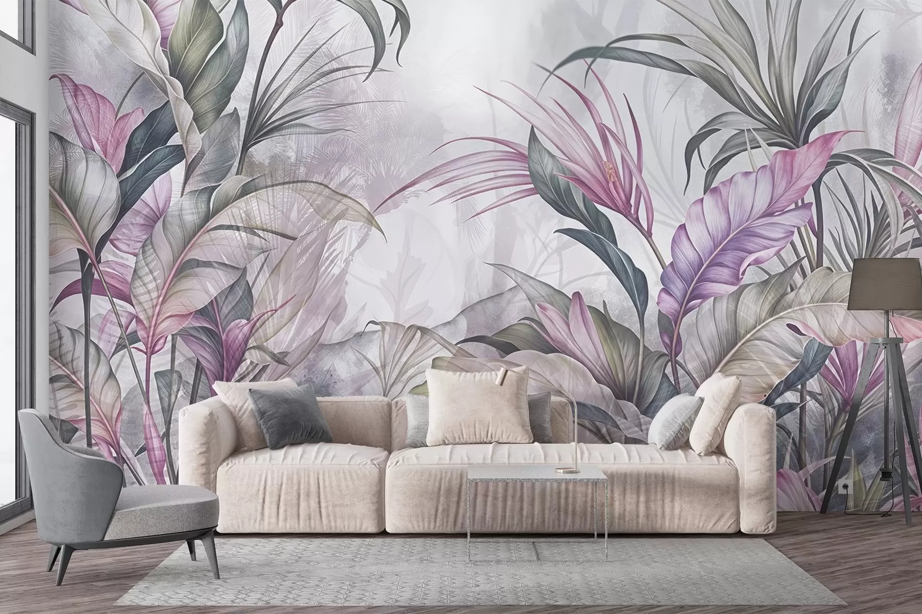 Papier peint Jungle tropicale avec de grandes feuilles vertes et des fleurs de protea roses sur fond texturé flou w08375v1