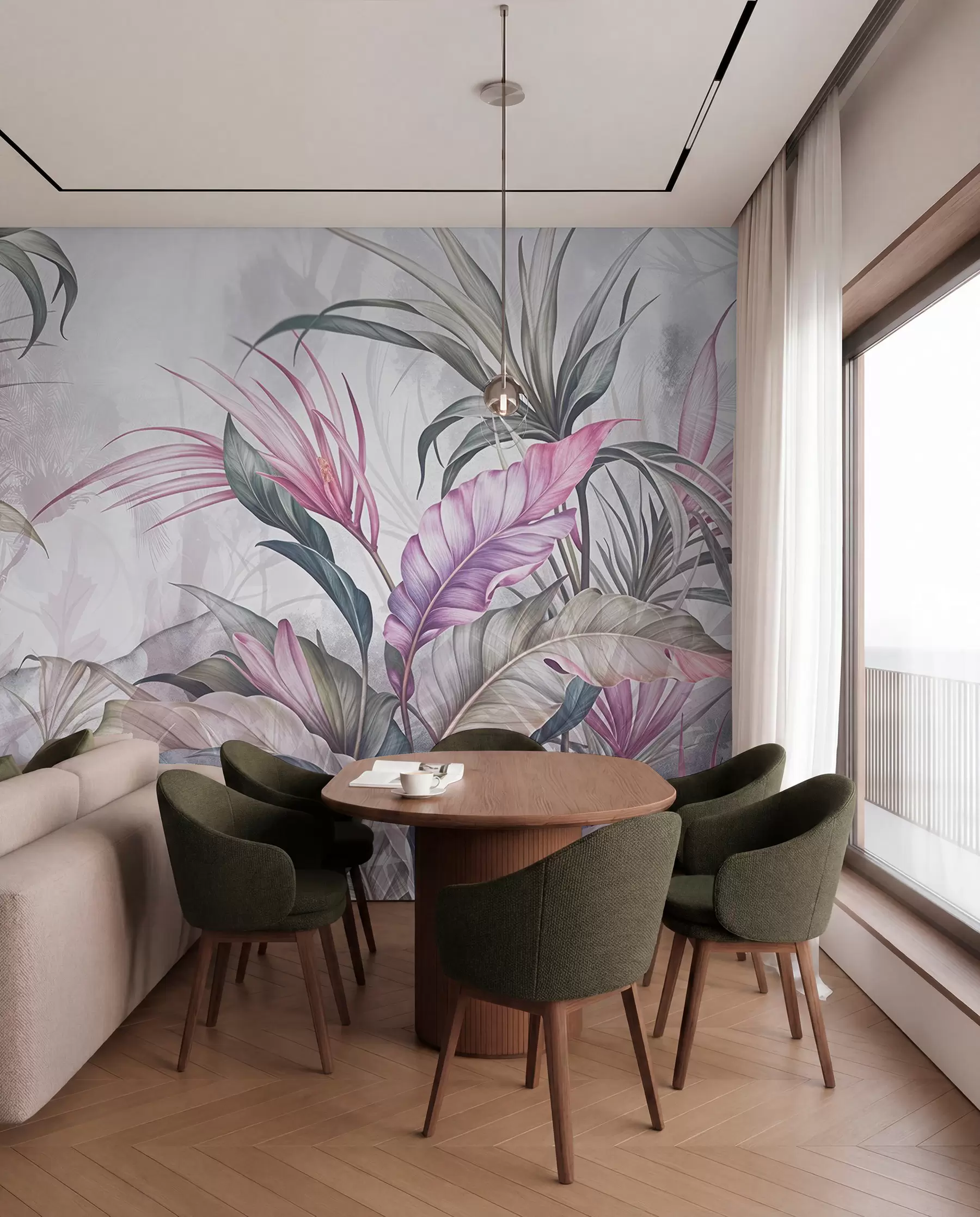 Papier peint Jungle tropicale avec de grandes feuilles vertes et des fleurs de protea roses sur fond texturé flou w08375v1