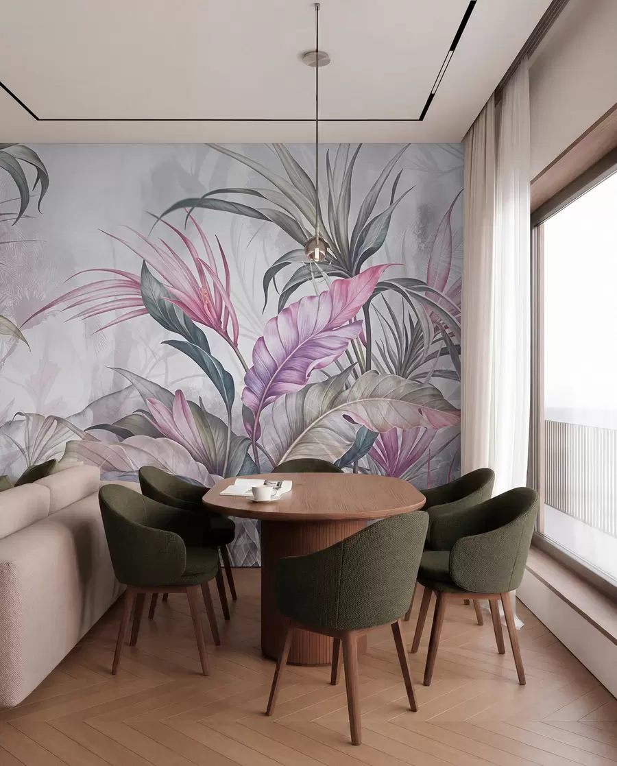 Papier peint Jungle tropicale avec de grandes feuilles vertes et des fleurs de protea roses sur fond texturé flou w08375v1